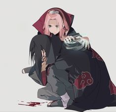 an anime character kneeling down with blood on the ground