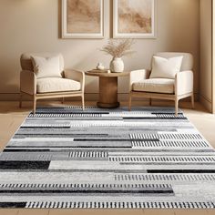 two chairs sitting next to each other on top of a rug in a living room