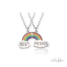 RAINBOW FRIENDSHIP NECKLACE SET Silver toned metal alloy. Chain length is approximately 17". Set of two pendant necklaces. Korean Necklace, Necklace Set Silver, Best Friends Necklace, Friends Necklace, Friendship Necklace, Friendship Necklaces, Friend Necklaces, Disney Stuff, Chain Lengths