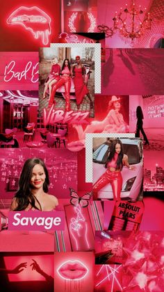 a collage of pink and red images with the words savge on them