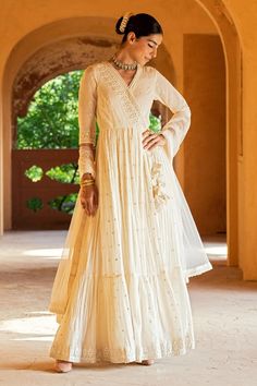 Buy PREEVIN Off White Triangle Mirror Embroidered Angrakha Anarkali With Dupatta Online | Aza Fashions White Angrakha Anarkali, White Angrakha, White Anarkali Suits, Off White Anarkali, Angrakha Anarkali, Angrakha Dress, Triangle Mirror, Mirror Work Kurti, Anarkali With Dupatta