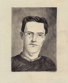 a drawing of a man in black and white with his head tilted to the side