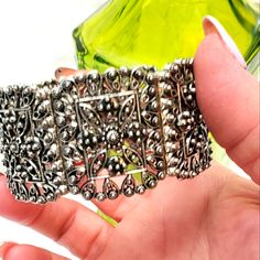 This Chic Stretch Bracelet Features Square Open-Worked Links With Floral Accents. Never Worn. Adjustable Silver Stretch Bracelet, Hand-strung, Elegant Nickel-free Silver Stretch Bracelet, Nickel-free Bohemian Flower Bracelets, Nickel-free Silver Rectangular Bracelets, Ornate Adjustable Nickel-free Bracelets, Kim Rogers, Stretch Bracelets, Womens Jewelry Bracelets, Silver Tone