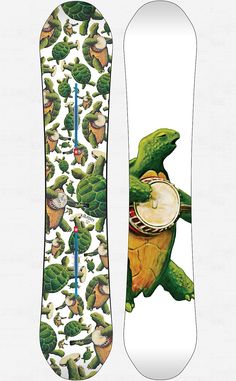 a snowboard with an image of a turtle on it's back and bottom