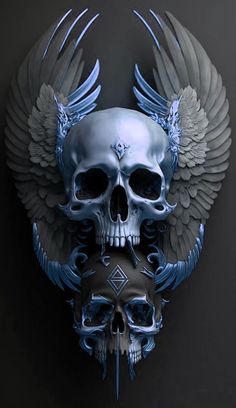 a blue skull with wings on it's face