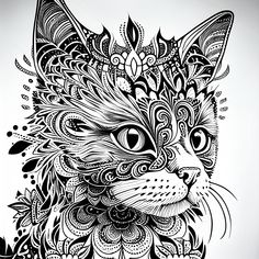 a black and white drawing of a cat's face with intricate designs on it