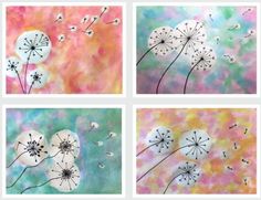 four different paintings with dandelions on them