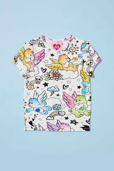 Girls Care Bears Print Tee (Kids) Playful Short Sleeve T-shirt With All Over Print, Cute Multicolor T-shirt For Playwear, Fun Unicorn Print T-shirt For Summer, Playful Multicolor Printed T-shirt, Playful White Top With All Over Print, Playful Spring T-shirt With All Over Print, Casual Unicorn Print T-shirt For Spring, Playful Cotton T-shirt With All Over Print, Fun Rainbow Print Short Sleeve Top