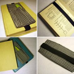 four different pictures of an open book with black and white checkered fabric on it