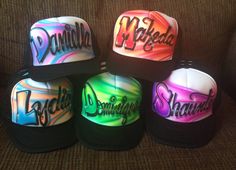 Listing is for 12 snap back caps with black bill and mesh. Choose two colors for your background design, and each cap will be customized with individual name or phrase in (caps may also have the same name, company, event name, or message). WE ARE A FULL-SERVICE AIRBRUSH SHOP AND CAN CUSTOMIZE ANY ITEM....SEND US YOUR IDEA! Teen Party Favors, Bachelor Party Favors, Roller Skating Party, Airbrush T Shirts, Airbrush Designs, Party Favors For Adults, Custom Airbrushing, Hip Hop Party, Team Party