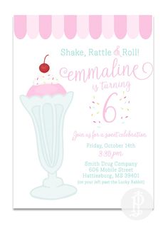 a pink and white ice cream sundae birthday party card with the number six on it