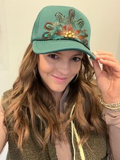 take your look to the next level with custom made feathered trucker hats! Bohemian Trucker Hat, Feather Diy, Shoe Nails, Cowgirl Style, Trucker Cap, Custom Made, Trucker Hat, Caps Hats, Accessories Hats