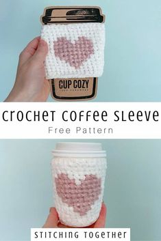 crochet coffee sleeve with hearts on it