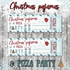 christmas pizza party ticket template with snowflakes and santa hats on it, in front of a wooden background