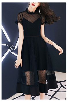 10% off now! Shop special black tulle polka dot homecoming party dress with sheer neckline online. Sheprom offers formal, party, casual & more style dresses to fit your special occasions. Black Mesh Dress For Prom, Black Mesh Short Sleeve Dress, Black Mesh Dress With Short Sleeves, Black Mesh Midi Length Dress, Black Sheer Mesh Dress With Short Sleeves, Black Short Sleeve Mesh Dress For Summer, Black Knee-length Mesh Dress For Summer, Black Knee-length Mesh Dress, Black Mesh Knee-length Dress