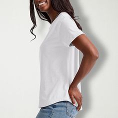 Basics that are far from basic. Classic comfort meets unbeatable style with this Hanes original women's t-shirt. Our signature tri-blend fabrics come together to create a lightweight tee that feels great on the skin. The relaxed fit, ribbed collar, and sleeves create an ultra-flattering look you'll love. Plus, it's made from recycled polyester for that super soft, worn-in feel. Dress it up with jeans and heels or go casual with Hanes joggers and sneakers, you can't go wrong with a Hanes origina… Love Plus, Shirt For Women, Be Yourself, Shirt Shop, Tee Shirt, Shirts Tops, Tee Shirts, Relaxed Fit, Crew Neck