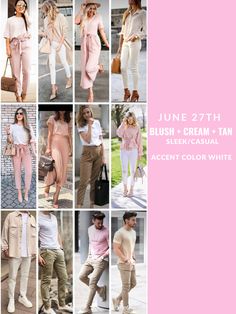 a collage of different outfits and shoes for women in pink, white and beige