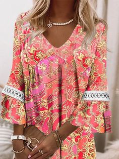 Women's Bohemian Midi Dress Casual Multicolor Bell Sleeve Dress, Summer Bohemian Bell Sleeve Dress, Bohemian Pink Printed Blouse, Bohemian Multicolor Bell Sleeve Dress, Spring Bohemian Boho Dress With Bell Sleeves, Bohemian Bell Sleeve Dresses For Spring, Bohemian Bell Sleeve Dresses With Floral Print, Spring Bohemian Bell Sleeve Boho Dress, Bohemian Bell Sleeve Spring Dresses