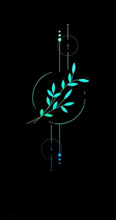 a black background with blue and green leaves on it's side, in the center is a circular object