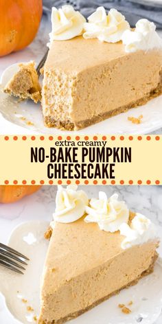 two slices of no - bake pumpkin cheesecake on plates