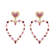 Pink Heart Gemstone Earrings, Pink Heart-shaped Gemstone Earrings, Luxury Double Heart Earrings For Valentine's Day, Elegant Multicolor Valentine's Day Jewelry, Elegant Multicolor Heart Earrings Gift, Elegant Multicolor Heart Earrings For Gift, Elegant Multicolor Earrings For Valentine's Day, Elegant Multicolor Heart Cut Jewelry, Multicolor Heart Cut Jewelry For Valentine's Day