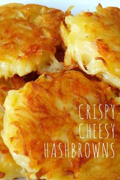 four cheesy hash browns on a plate with the words crispy cheesy hash browns