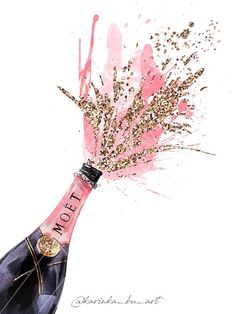 a bottle of champagne with pink and gold sprinkles