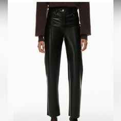 Brand New - With Tags Black Super High Rise Size 6, Straight Leg, Faux Leather - 100% Polyurethane; Interior: 100% Polyester Aritzia Melina Pant, Wilfred Melina Pant, Melina Pants, Melina Pant, Wilfred Pants, Vegan Leather Leggings, Aritzia Pants, Tall Pants, Black Leather Pants