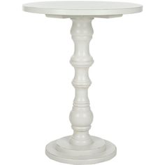 a white table with a round top and two legs on the bottom, sitting against a white background