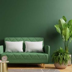 a green couch with two white pillows and a potted plant on the floor next to it