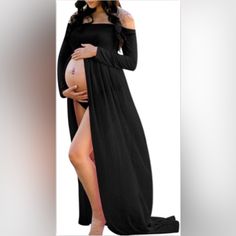 Maternity Gown Off Shoulder Front Split Long Sleeve Black Stretch Full-length Dress, Black Stretch Floor-length Gown, Black Maternity Dress For Party, Black Party Maternity Dress, Black Maxi-length Gown For Spring, Spring Black Maxi Gown, Black Fitted Maternity Maxi Dress, Fitted Black Maxi Dress For Maternity, Elegant Black Long Sleeve Maternity Dress