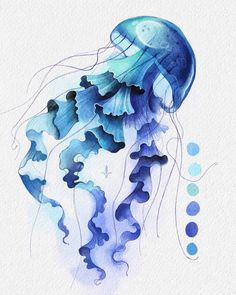 a watercolor painting of a blue jellyfish with bubbles on it's back