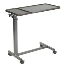 a metal table with wheels on the bottom and one foot resting on it's side