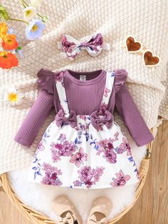 Multicolor  Collar manga larga Tela Floral A línea Embellished Elástico Ligero  Ropa de Bebé Stylish Baby Girls, Baby Mode, Long Sleeve Print Dress, Beauty And Fashion