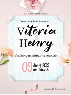 an elegant wedding card with flowers and ribbon on it, in pink tones that reads victoria & henry