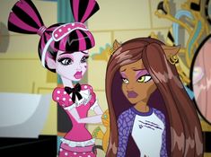 two cartoon characters one with long brown hair and the other with pink hair, standing next to each other