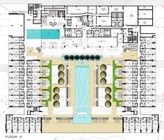 an aerial view of the floor plan for a hotel with swimming pool and lounges