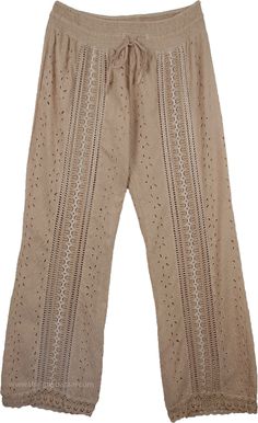 Relaxed Fit Flower Eyelet Summer Pant - Chic meets sweet in our clean-cut pants crafted from a modern flower-power eyelet.  Crafted in an delicate eyelet that feels fresh and just right for summer, this is a chic version of the regular mundane linen pant. #tlb #SplitSkirtsPants #XLPlus Spring Cotton Bottoms With Broderie Anglaise, White Bottoms With Cutwork Hem For Summer, Bohemian Lace Trim Pants For Spring, Chic Spring Bottoms With Cutwork Hem, Chic Lace Trim Bottoms For Spring, Chic Spring Bottoms With Lace Trim, Chic Bottoms With Cutwork Hem For Spring, Chic Spring Pants With Lace Trim, Chic Lace Trim Pants For Spring