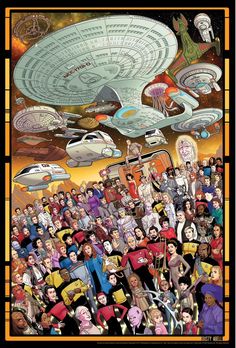 a group of people standing in front of a star trek poster