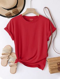 Red Casual Collar Short Sleeve Fabric Plain  Embellished Slight Stretch Summer Women Clothing Cheap Red T-shirt For The Beach, Cheap Oversized Red T-shirt, Premium Red Casual T-shirt, Cheap Red Unisex T-shirt, High-end Casual Red T-shirt, Maroon Shirts, Estilo Hip Hop, Round Neck Tees, Sport T-shirts