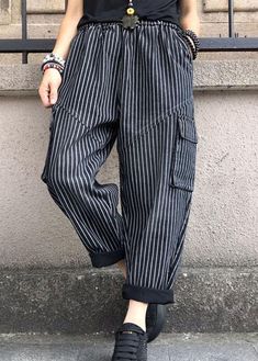 DIY Black high waist Striped denim harem pants SpringFabric: Cotton BlendedSize & Fit: This garment fits true to size.Length: Size S measures 35.88"from waist to hem.Waist:Fitted - elastic waist allows stretch Hip: Loosely Fitted. room for hips. Hand Wash Cold. Black Relaxed Fit Trendy Harem Pants, Baggy Ankle-length Jeans, Black Tapered Leg Jeans For Summer, Trendy Baggy High Waist Harem Pants, Trendy Black Cotton Harem Pants, High Waist Harem Pants For Streetwear, Casual Baggy High-waisted Harem Pants, Spring Black Straight Leg Harem Pants, Baggy High-waist Cotton Harem Pants