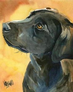 a watercolor painting of a black lab dog looking up at something orange and yellow