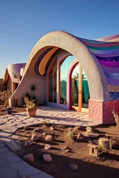 an unusual house in the desert with colorful designs on it's walls and windows