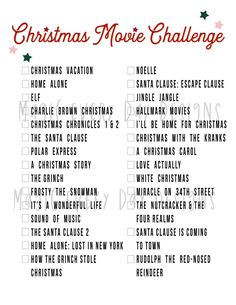 the christmas movie challenge is shown in this printable checklist for adults and children