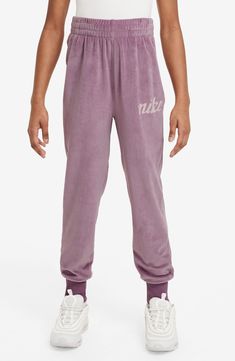 Inspired by the Y2K staple, these ultrasoft velour joggers will keep your sporty kiddo comfortable from school days to weekends. Elastic waist Front slant pockets 94% polyester, 6% spandex Machine wash, tumble dry Imported Nike Velour, Kids Sportswear, Maxi Dress Wedding Guest, Girls Joggers, Girls Jumpers, Velour Fabric, Swimwear Shorts, Nike Kids, Formal Shirts For Men