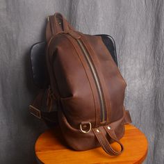 Handmade Men's Full Grain Leather Chest Bag Sling Shoulder Bag Unbalance Leather Backpack NP01 - LISABAG Backpack Handmade, Coffee Vintage, Mens Bags Fashion, Chest Bag Men, Knitting Bag, Dark Coffee, Leather And Canvas, Mens Leather Bag, Messenger Bag Men