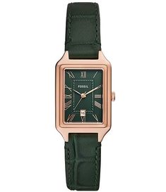 Fossil Women's Raquel Three-Hand Date Green Leather Strap Watch | Dillard's Leather Chronograph Rectangular Watch, Rectangular Leather Chronograph Watch, Green Leather Strap Watch For Formal Occasions, Green Watch With Leather Strap For Formal Occasions, Formal Green Watch With Leather Strap, Rectangular Leather Strap Watch Bands, Leather Watch With Rectangular Dial, Rectangular Leather Analog Watch Accessories, Rose Gold Leather Watch With Subdials