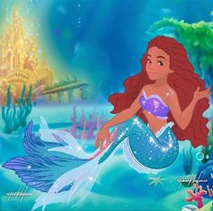 the little mermaid from disney's the little mermaid is sitting in the water with her tail