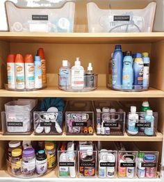 the shelves are filled with many different types of products and containers for cleaning, sanitizing or disinfectioning