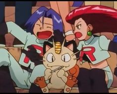 two anime characters sitting next to each other with their mouths open and one cat sticking its tongue out